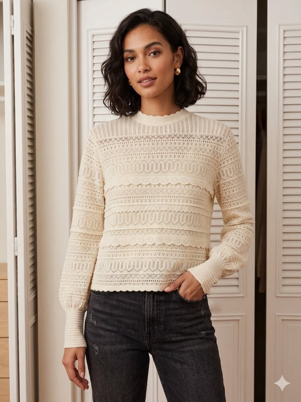 Zara Cream Lace Openwork Mockneck Sweater
